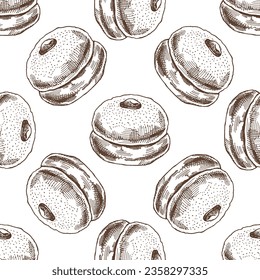 Seamless pattern of a traditional German or Polish donut with jam, dusted. Hand drawn sketch. Vintage illustration. Pastry sweets, dessert. Element for the design of labels, packaging and postcards.