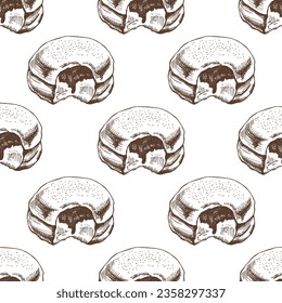 Seamless pattern of a traditional German or Polish donut with jam, dusted. Hand drawn sketch. Vintage illustration. Pastry sweets, dessert. Element for the design of labels, packaging and postcards.