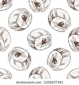 Seamless pattern of a traditional German or Polish donut with jam, dusted. Hand drawn sketch. Vintage illustration. Pastry sweets, dessert. Element for the design of labels, packaging and postcards.