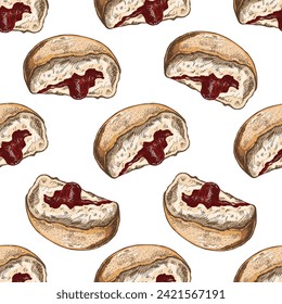 Patrón sin foco de un donut tradicional alemán o polaco con mermelada, empolvado. Esbozo dibujado a mano. Ilustración vintage. Dulces pasteleros, postre. Elemento para el diseño de etiquetas.