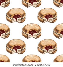 Nahtloses Muster eines traditionellen deutschen oder polnischen Donuts mit Marmelade, staubig. Handgezeichnete Skizze. Vintage-Illustration. Konditorsüßen, Nachtisch. Element für das Design von Etiketten.