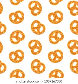 Seamless pattern with traditional german salty pretzel on white background. Twisted bread with salt. Typical Oktoberfest food. Vector seamless pattern.