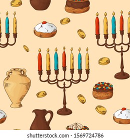 Seamless pattern with traditional hand drawn elements. Happy Hanukkah sketch objects. Vector illustration.