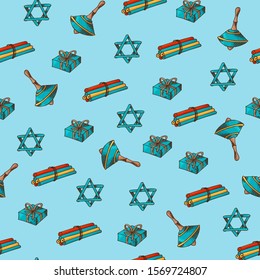 Seamless pattern with traditional hand drawn elements. Happy Hanukkah sketch objects. Vector illustration.