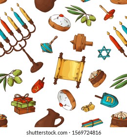 Seamless pattern with traditional hand drawn elements. Happy Hanukkah sketch objects. Vector illustration.