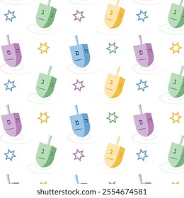 Seamless pattern of a traditional Hanukkah dreidels with stars of David on a white background