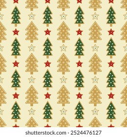 A seamless pattern of traditional holiday ginger cookies in the shape of a Christmas tree. Christmas Baking. Vector illustration on light background for wallpaper, textile, wrapping paper, poster, pos