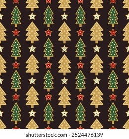 A seamless pattern of traditional holiday ginger cookies in the shape of a Christmas tree. Christmas Baking. Vector illustration on dark background.