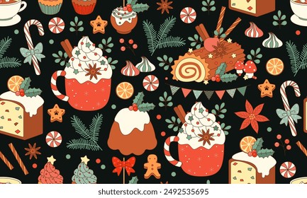 Seamless pattern with traditional homemade Christmas cake holiday dessert. New year. Christmas Bundt Cake. Christmas food vector desserts holiday decoration xmas family diner sweet celebration