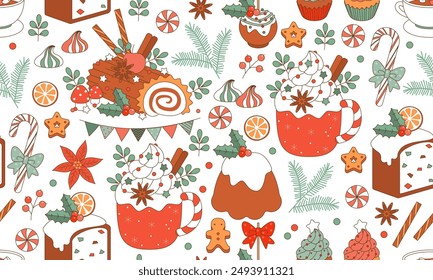 Patrón sin fisuras con postre de vacaciones de pastel de Navidades caseras tradicionales. Nuevo año. Navidades Bundt Cake. Navidades comida Vector postres decoración navideña cena familiar dulce celebración