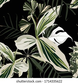 Seamless pattern with traditional homeplant ficus, Ginkgo biloba and palm leaves. Endless texture o black background.