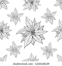 Seamless pattern with traditional homeplant poinsettia and holly plant. Endless texture with flower used indoor. Vector monochrome illustration.