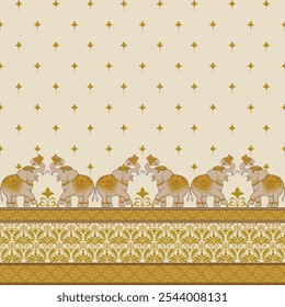 Seamless pattern Traditional Indian Elephant Border with Ornate Floral Patterns and Gold Motifs on Cream Background