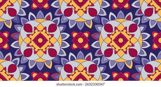 Seamless pattern with traditional Indian floral ornament for fabric swatch or wrapping paper. Vector abstract kaleidoscopic background