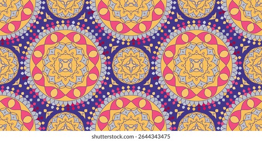 Seamless pattern with traditional Indian floral ornament for fabric swatch or wrapping paper. Vector abstract kaleidoscopic background