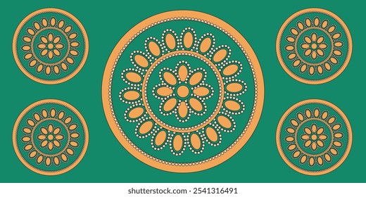 Seamless pattern with traditional indian Kolam ornament. Kolam background in color of indian flag. Vector illustration can used textile fabric print wall decor. EPS 10
