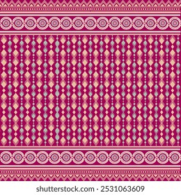 Padrão contínuo com motivos tradicionais indianos. Apresenta formas geométricas intrincadas em cores pastel em um fundo rosa vibrante. Perfeito para design têxtil, papel de parede e impressões digitais.