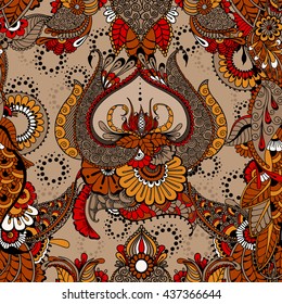 Seamless pattern with traditional indian ornamental design. Floral background with lotus on the center. Vector illustration.
