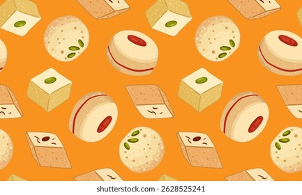 motif harmonieux de bonbons indiens traditionnels, y compris arrière-plan orange halwa mithai, nourriture orientale sucrée