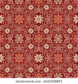 Seamless pattern of traditional Indian wallpaper, featuring floral and butterfly motifs in red and cream colors.