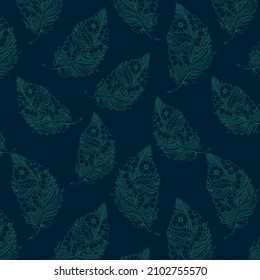 Patrón sin foco de un diseño intrincado tradicional de pluma de color viridiana genérica sobre el fondo de color azul prusiano, utilizado para el diseño textil y papel pintado.