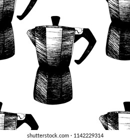 seamless pattern with traditional italian geyser coffee moka maker pot vector illustration isolated on white background
