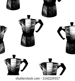 seamless pattern with traditional italian geyser coffee moka maker pot vector illustration isolated on white background