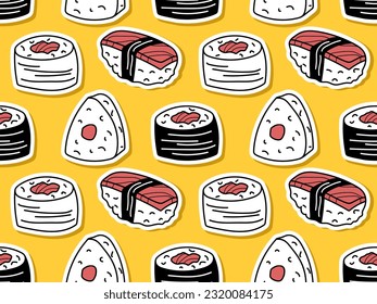 Seamless pattern with Traditional Japan food. Fresh sushi set isolated. Asian Sushi onigiri and rolls in sketch style. Repeated vector for wallpaper, textile, wrapping, scrapbooking. Sushi collection
