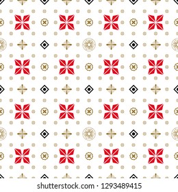 Seamless pattern with traditional Japanese decor elements. Flowers, emblems of gold, black and red colors on a white background. Design for packaging, clothing, bed linen, for wrapping paper, gifts.
