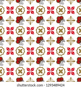 Seamless pattern with traditional Japanese decor elements. Flowers, emblems of gold, black and red colors on a white background. Design for packaging, clothing, bed linen, for wrapping paper, gifts.