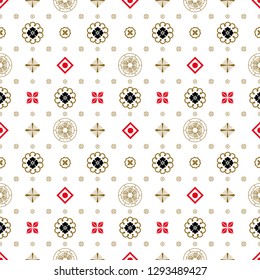 Seamless pattern with traditional Japanese decor elements. Flowers, emblems of gold, black and red colors on a white background. Design for packaging, clothing, bed linen, for wrapping paper, gifts.