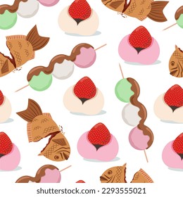 Seamless pattern traditional Japanese dessert Dango, Taiyaki and Daifuku. Vector illustration.