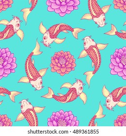 Seamless pattern with traditional Japanese Fancy Carp or Koi. Vector illustration