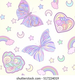 Seamless pattern with traditional Japanese motifs, butterflies, hearts in pastel and vanilla colors.