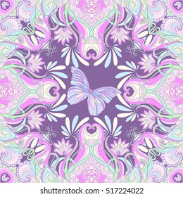 Seamless pattern with traditional Japanese motifs, butterflies, hearts in pastel and vanilla colors.