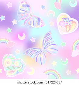 Seamless pattern with traditional Japanese motifs, butterflies, hearts in pastel and vanilla colors.