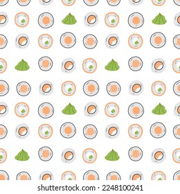 Seamless pattern of Traditional japanese sushi and rolls, wasabi isolated on white background. Sushi set icons in doodle flat style. Vector illustration, clip art