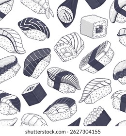 Seamless pattern of traditional Japanese sushi. Vector food background design 
