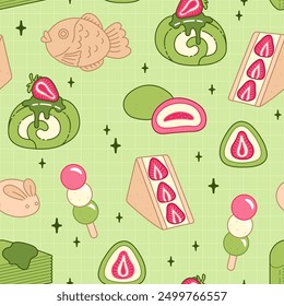 Patrón sin fisuras con dulces tradicionales japoneses. Linda comida asiática. Vector de fondo.