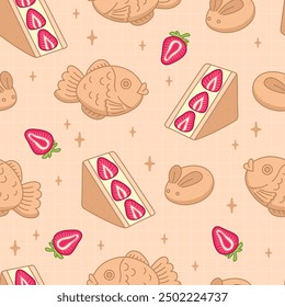 Seamless pattern with traditional japanese sweets. Strawberry sandwich, taiyaki, rabbit manju. Cute asian food. Vector background.