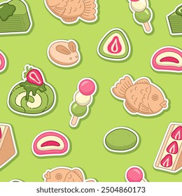 Seamless pattern with traditional japanese sweets. Cute asian food. Vector background.