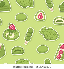 Patrón sin fisuras con dulces tradicionales japoneses. Postres de Matcha. Linda comida asiática. Vector de fondo.