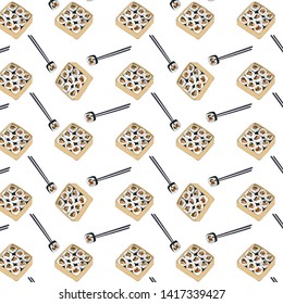 Seamless pattern of traditional Korean dish gimbap on white background. Korean sushi. Slices of roll in lunch box. Gimbap in chopsticks. Vector hand drawn illustration for your business.