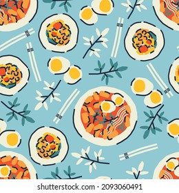 Seamless Pattern With Traditional Korean Food. Rice Cakes Tteokbokki, Boiled Eggs, Herbs, Kimbap. Vector Background, Wrapping Paper, Fabric In Cartoon Style