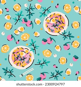 Seamless pattern with traditional Korean food. Rice cakes tteokbokki, boiled eggs, herbs, fruits, berries. Vector background, wrapping paper, print