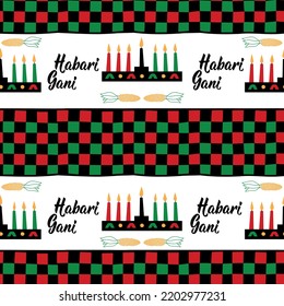 Seamless pattern with traditional Kwanzaa symbols. Print for textile, wallpaper, covers, surface. For fashion fabric. Questions in Swahili: How are you. Traditional greetings during Kwanzaa.