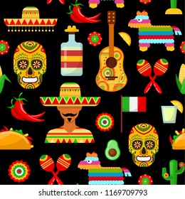 Seamless pattern with traditional Mexican attributes on black backgrounds