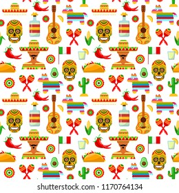 Seamless pattern with traditional Mexican attributes on white backgrounds