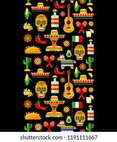 Seamless pattern with traditional Mexican attributes on black backgrounds