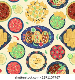 Seamless pattern of traditional mexican food on light background. Mexican cuisine. Tacos, tortilla, fajitas, nachos, tomales, guacamole, salsa, margarita, chili con carne. Wallpaper, wrapping design